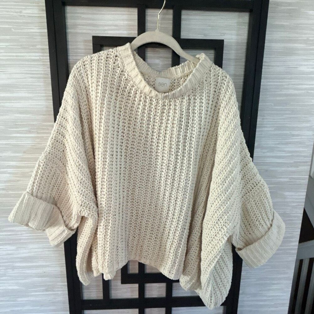 SEN oversized beige cable knit sweater cropped one size